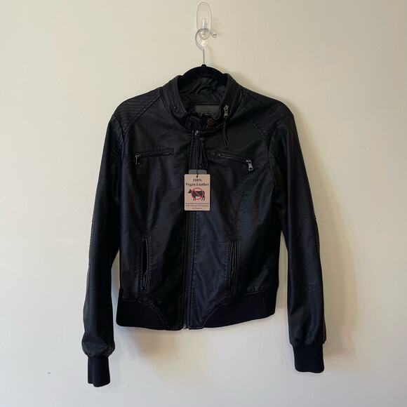 NWT Ci Sono by Cavalini L black leather bomber jacket punk biker ribbed knit